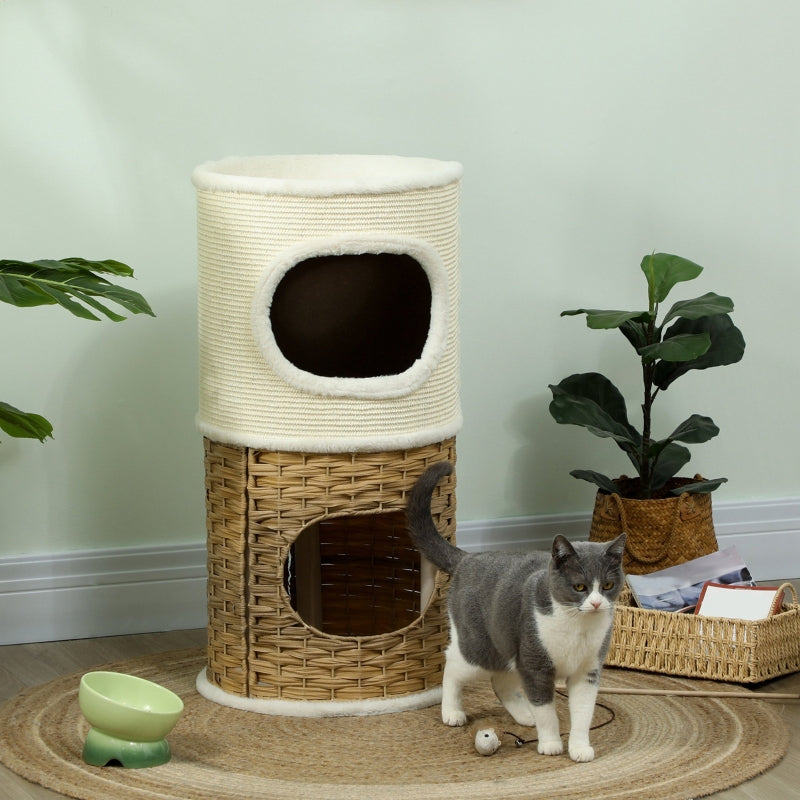 Cat Scratching Barrel, 80cm High, Three-Tier, Plush Rim, Cream White + Brown
