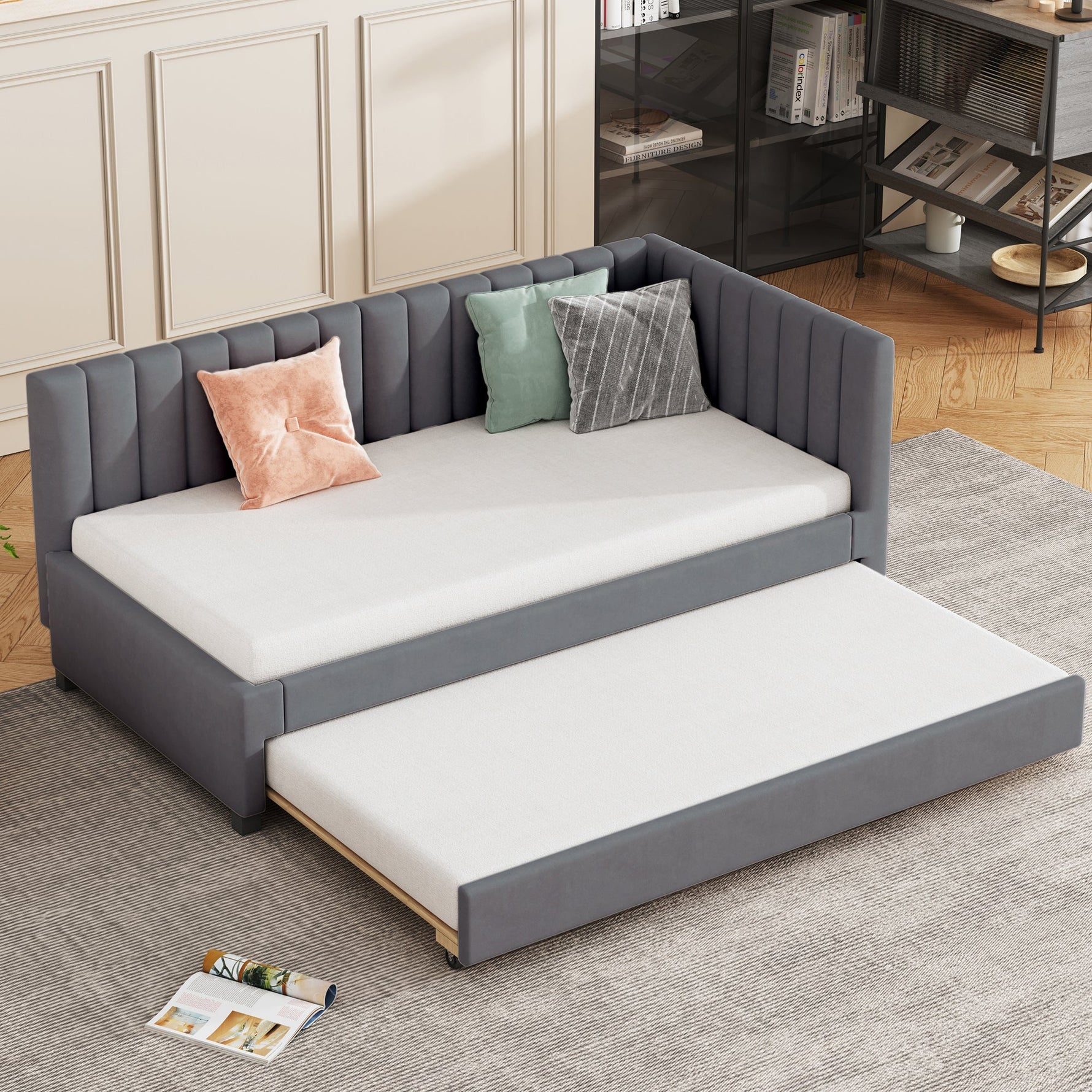 Upholstered Bed 90x200, Pull-Out Multifunctional Sofa Bed with Slatted Frame, Velvet Fabric Gray