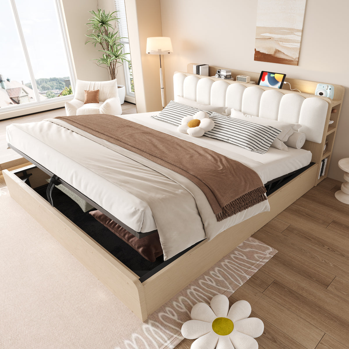 Wooden Flatbed 180x200 with Hydraulic Storage & USB, Wood