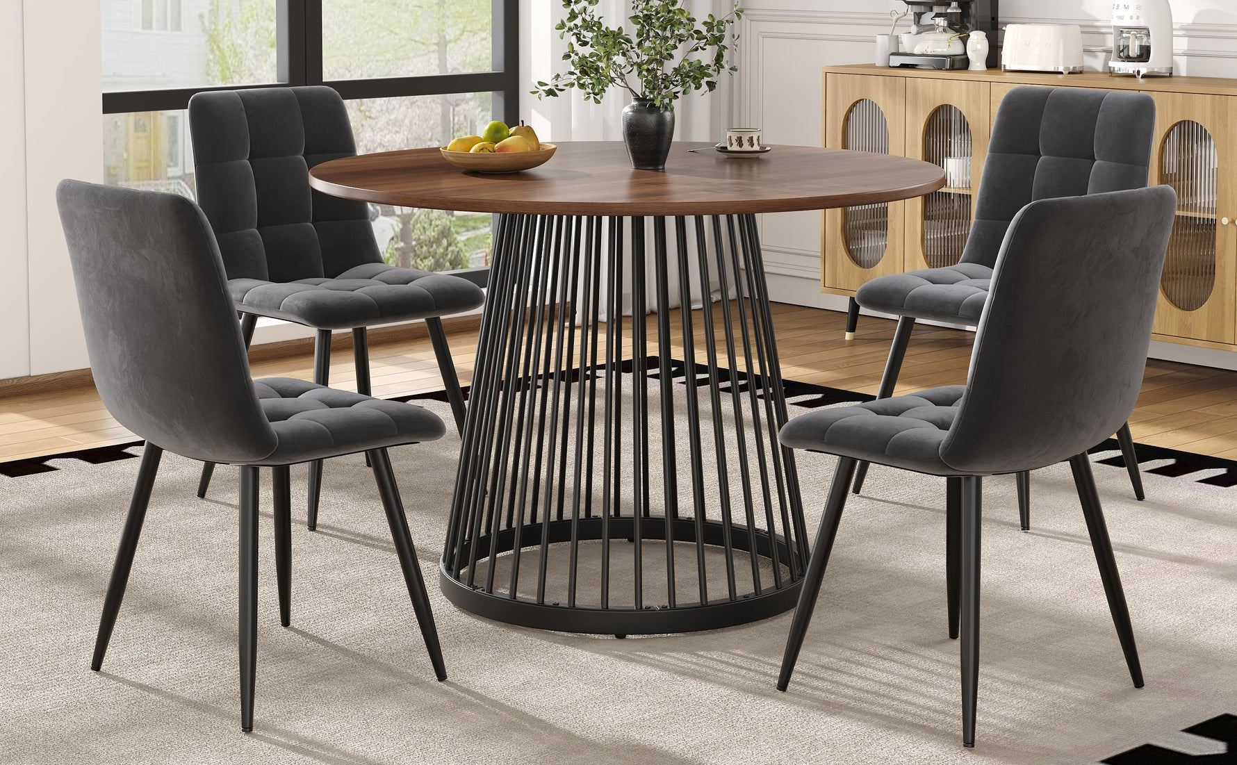 5-Piece Dining Table Set Round 80cm Kitchen Black Metal Walnut MDF/Velvet