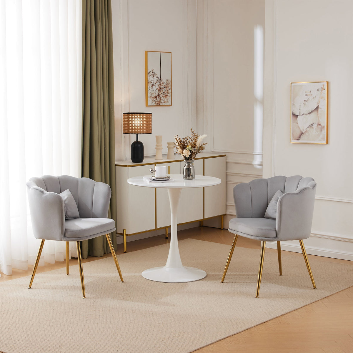 Velvet Chairs, Set of 2 Modern Upholstered with Petal Backs & Butterfly Cushions, Gold Metal Legs