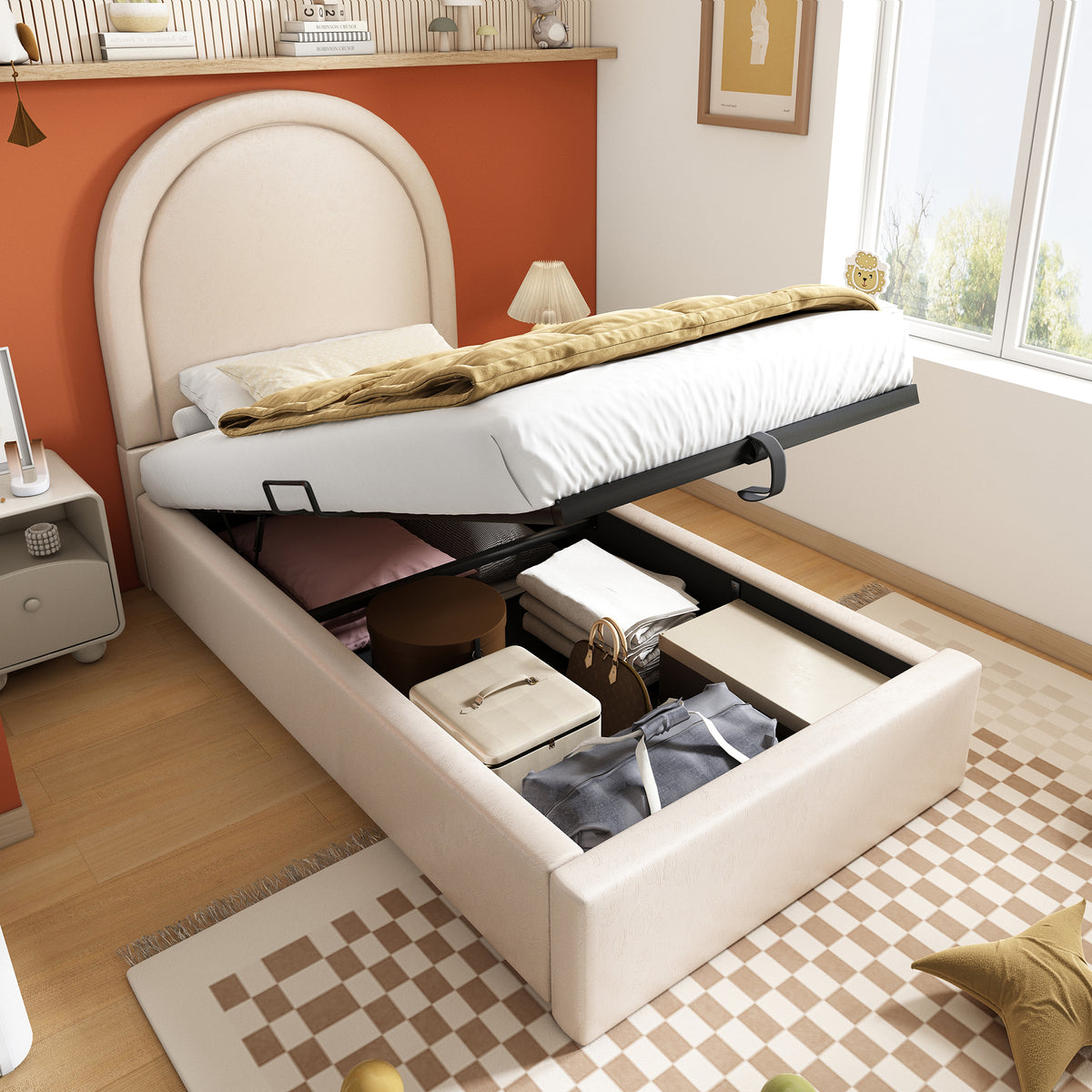 Upholstered Kids Bed, Cosmic Pattern 90x190cm, Beige PU
