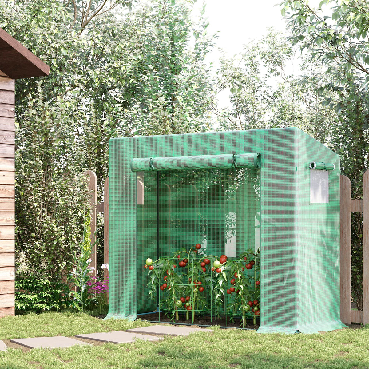 Outsunny Greenhouse with Roll-Up Door and Side Window, 200 x 76 x 168 cm, Green PE Mesh Film