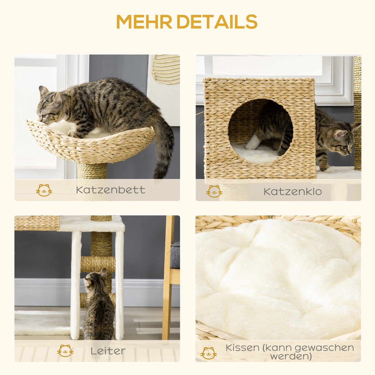 Cat Tree, 100.5 cm High, Cat Cave, Bed, Stairs, Sisal, Natural