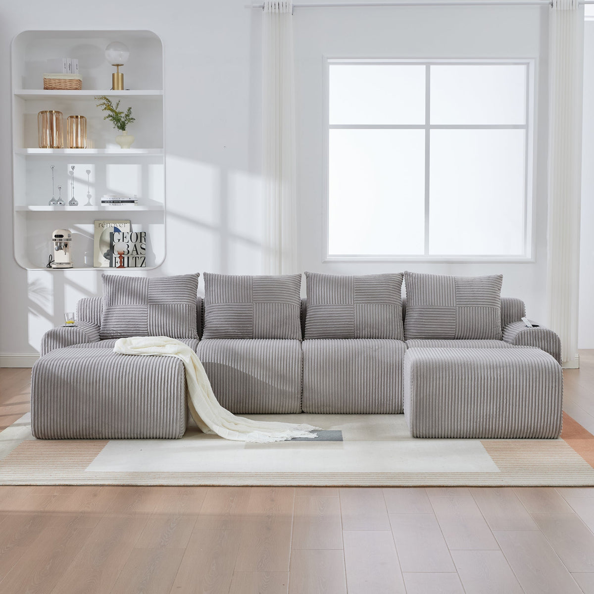 Modular Sofa - 4 Seater 2 Ottomans Cup Holders Storage Corduroy - Light Grey
