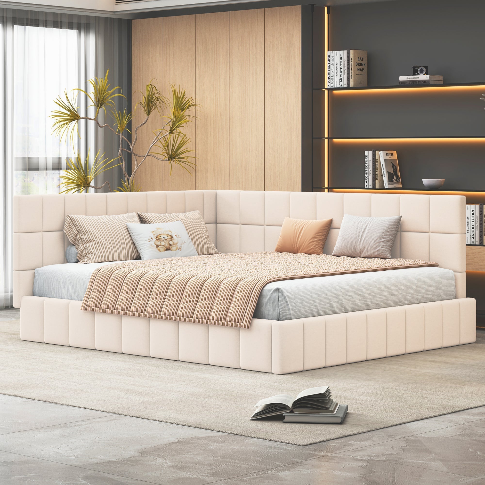 Upholstered Bed Sofa Bed 160x200 Multifunctional Slatted Frame Velvet Beige