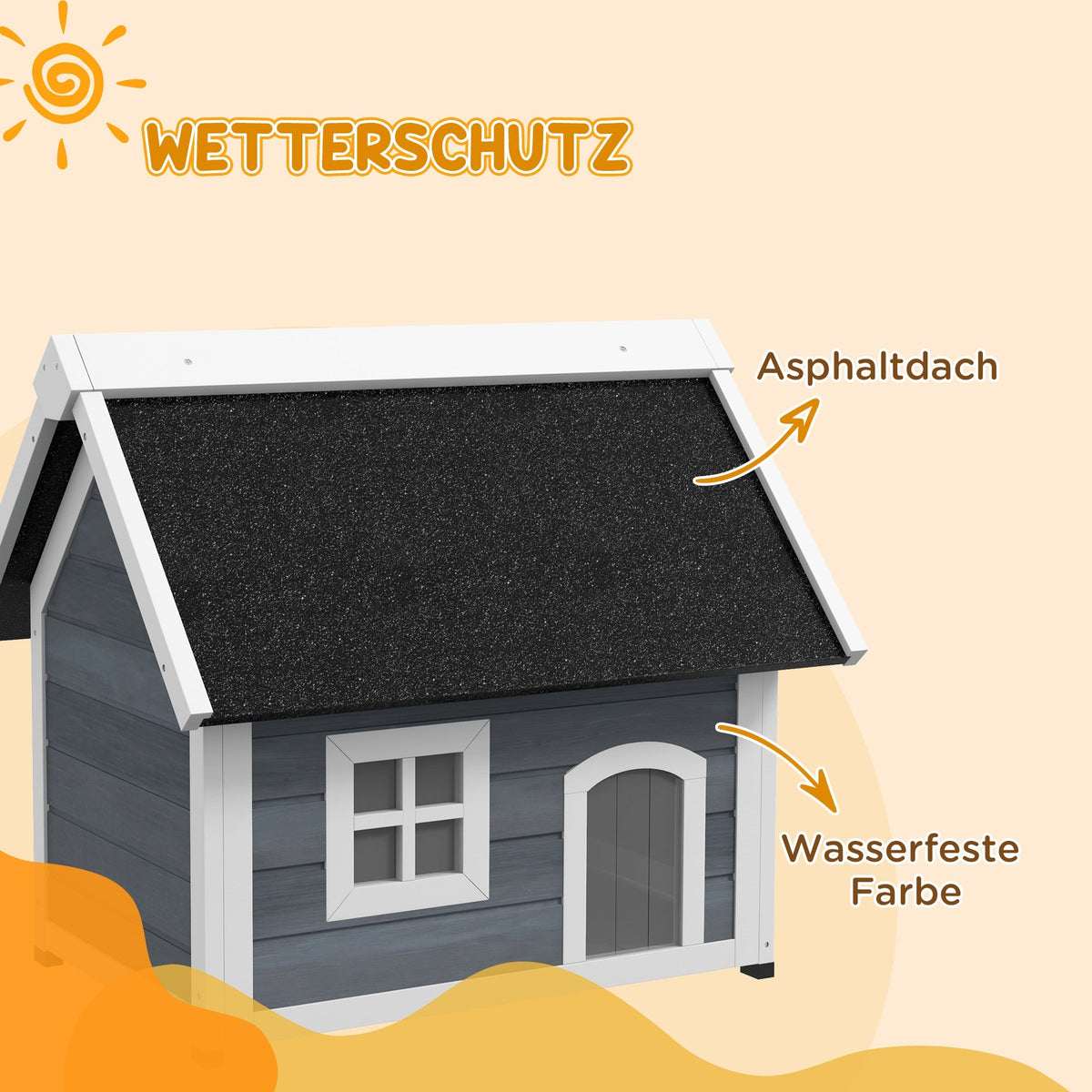 Cat House/Cave, Weatherproof Wooden with Hinged Roof, 3 Doors, Grey