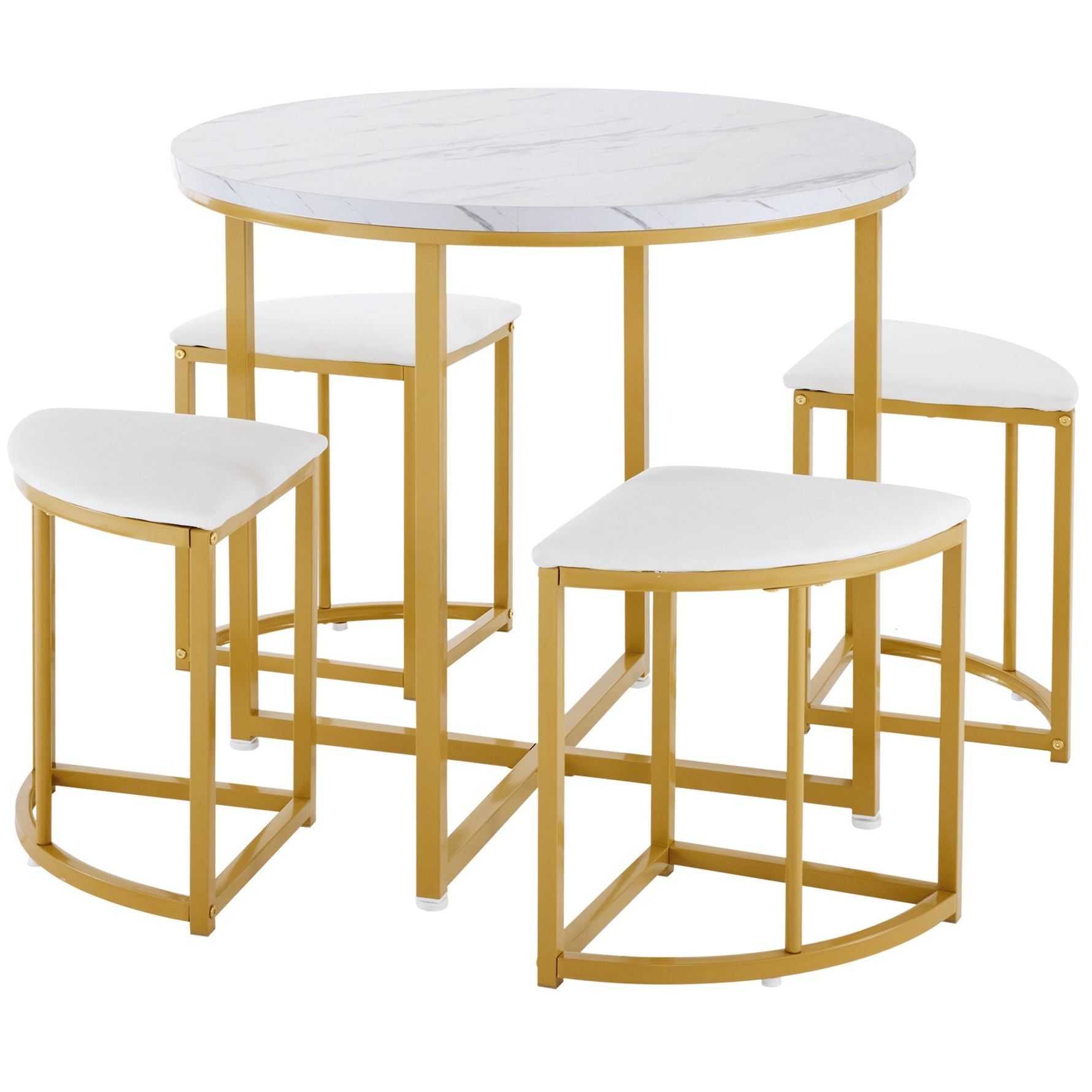 Dining Table Set with 4 Chairs, Modern Luxury MDF Gilded Iron Velvet, White