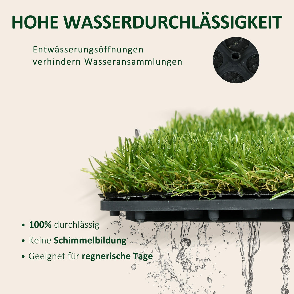 Artificial Grass Tiles, 10 Pieces 30x30cm 25mm Durable Easy Care, Dark Green Plastic