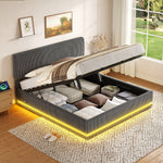 Modern Upholstered Bed with LED Lighting, USB-C and Storage, 160x200 Gray Corduroy