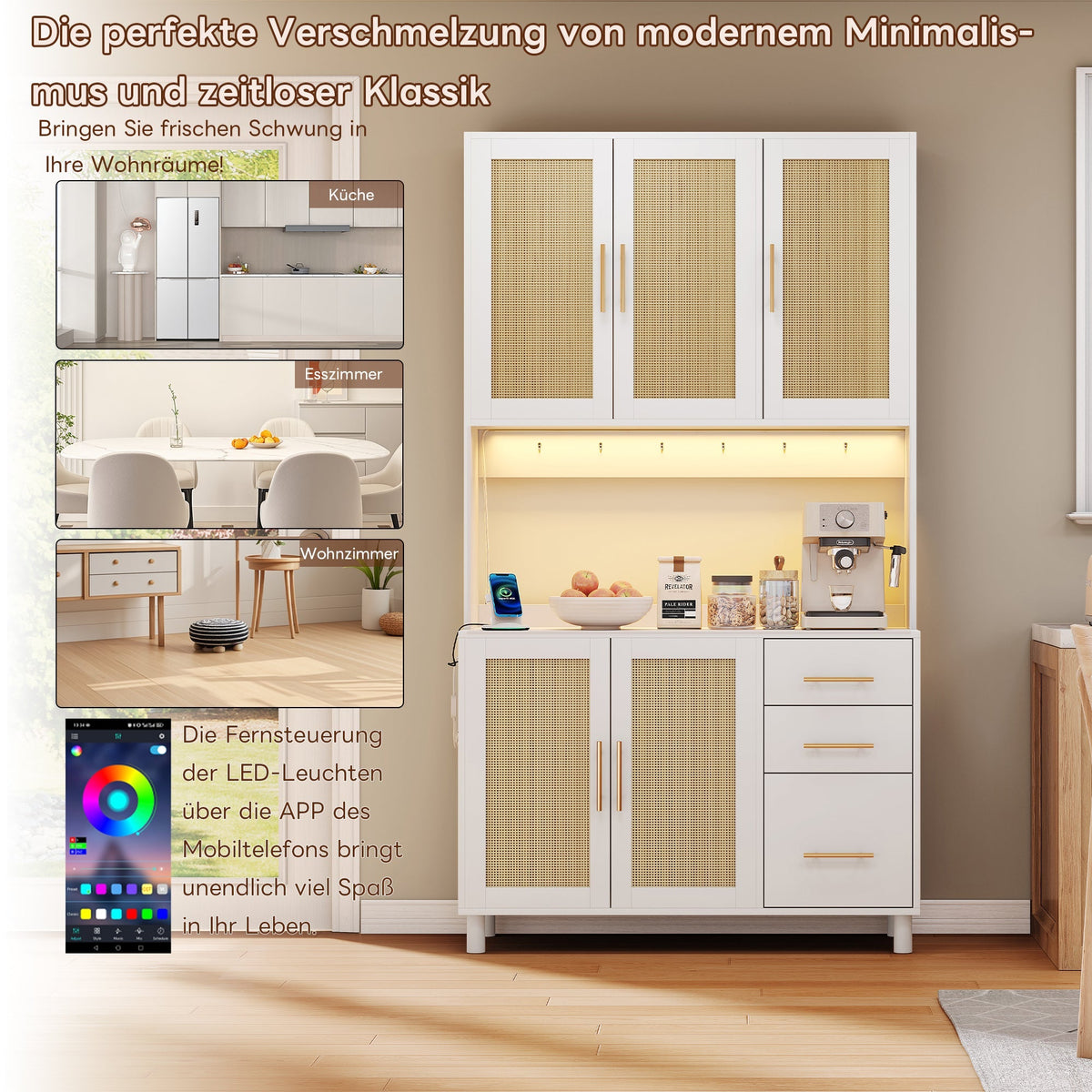 Kitchen Sideboard Buffet 183cm Tall LED USB Sockets 3 Drawers Gold Handles