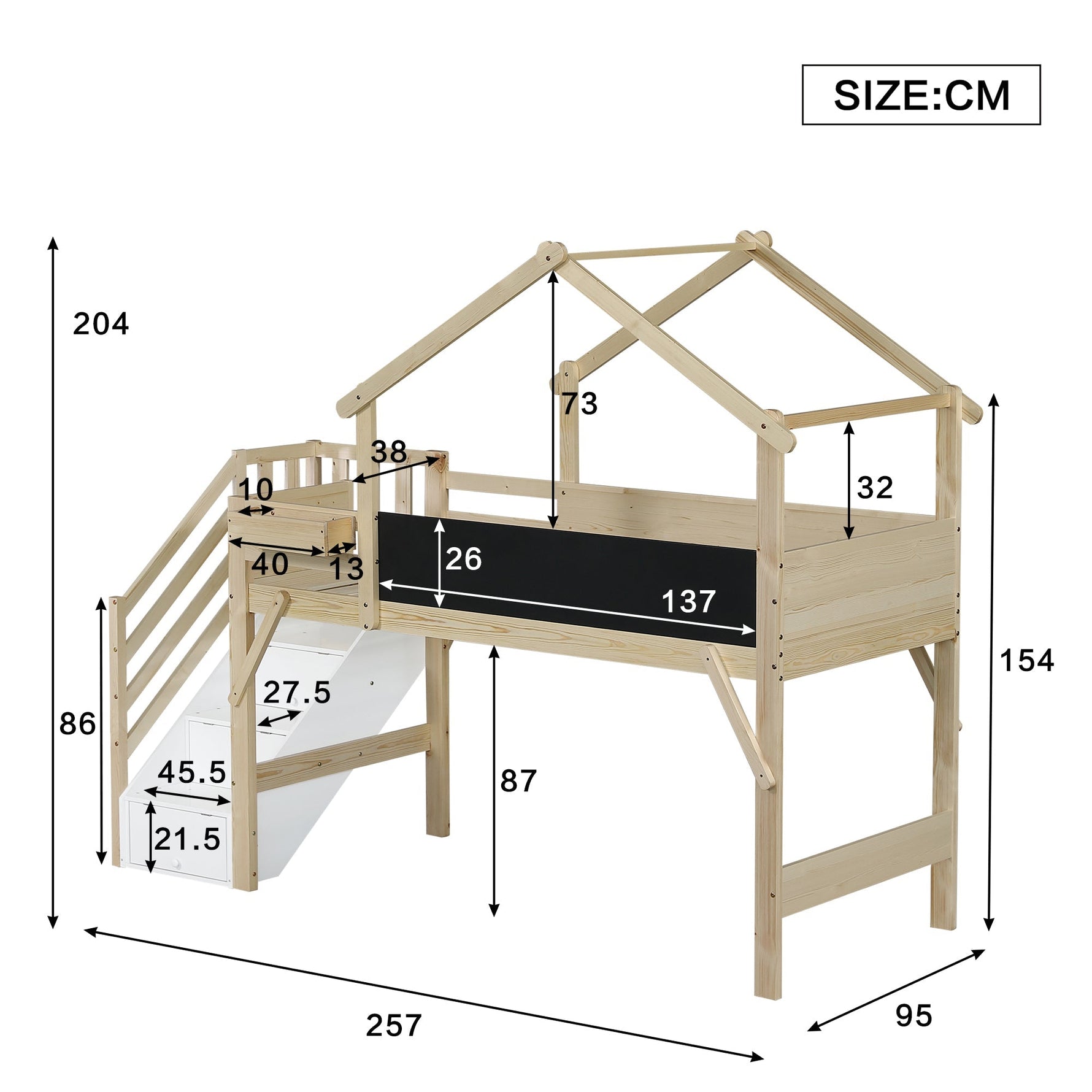 Children's Bunk Bed Roof Design Chalkboard Storage Stairs 90x200cm, White/Natural Pine/MDF/Plywood