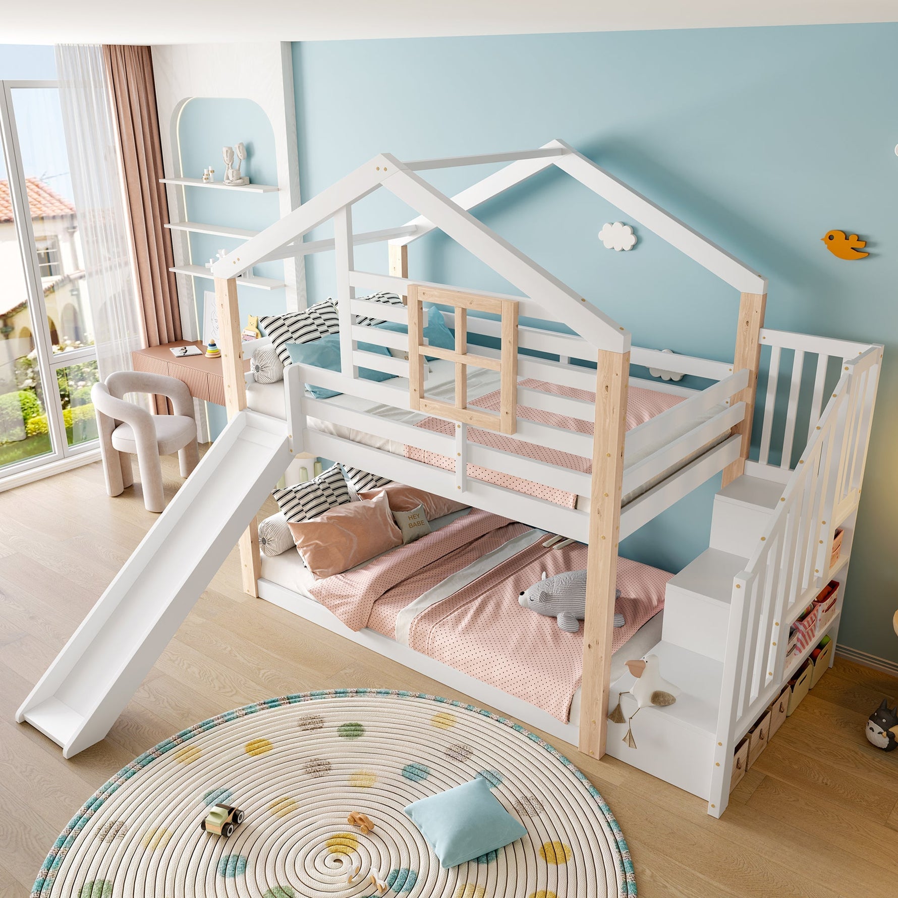 Children's Bunk Bed Slide Stairs Storage Scandinavian Solid Wood