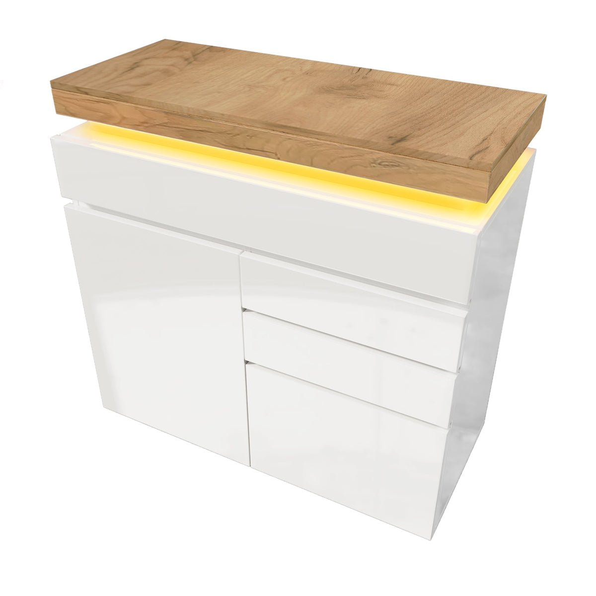 Chest of Drawers, High-Gloss Sideboard 2 Doors 3 Drawers, LED, White