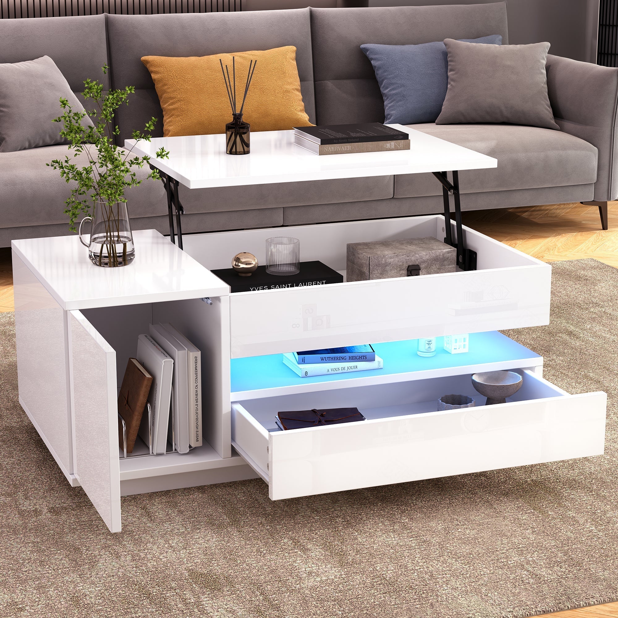 Liftable Coffee Table, 95*50*34.5cm with 1 Drawer & LED, White