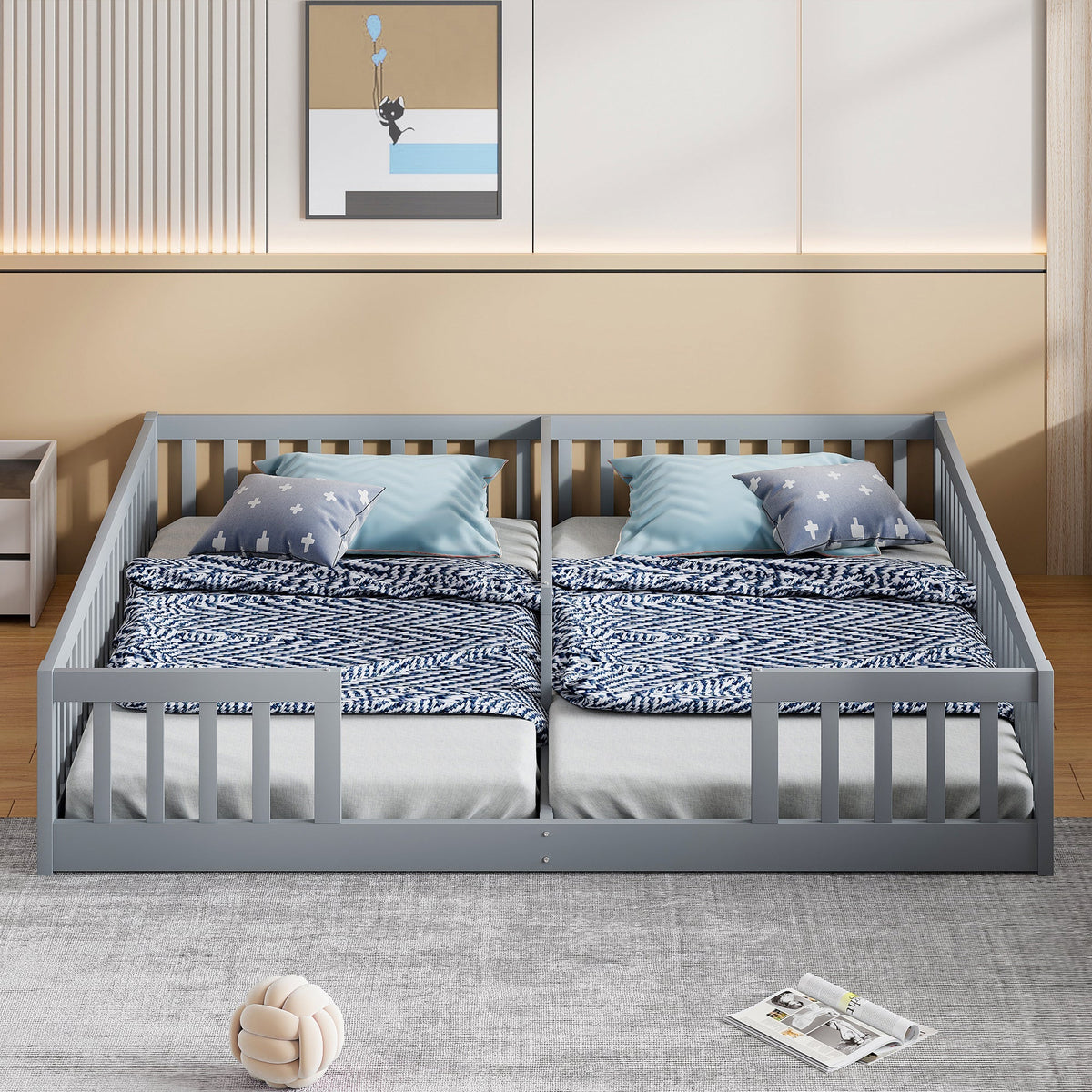 Panel Bed with Guardrails and Slatted Base, 90 x 200 cm, Grey Pine Wood