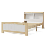 Wooden bed frame with white panels on a white background