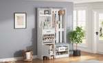 Hallway Coat Rack, 7-in-1 with Shoe Bench, 7 Hooks, Bookshelf, Drawers, White