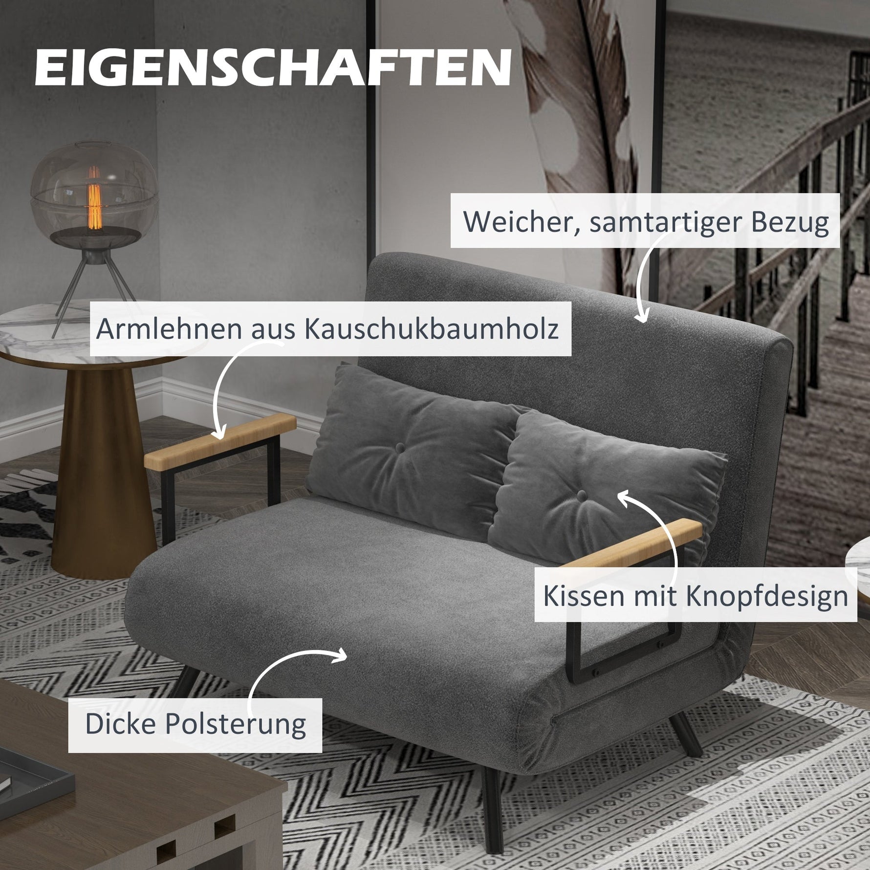Sofa Bed, Storage Function Velvet Back Cushions, Dark Grey (102x73x81 cm)