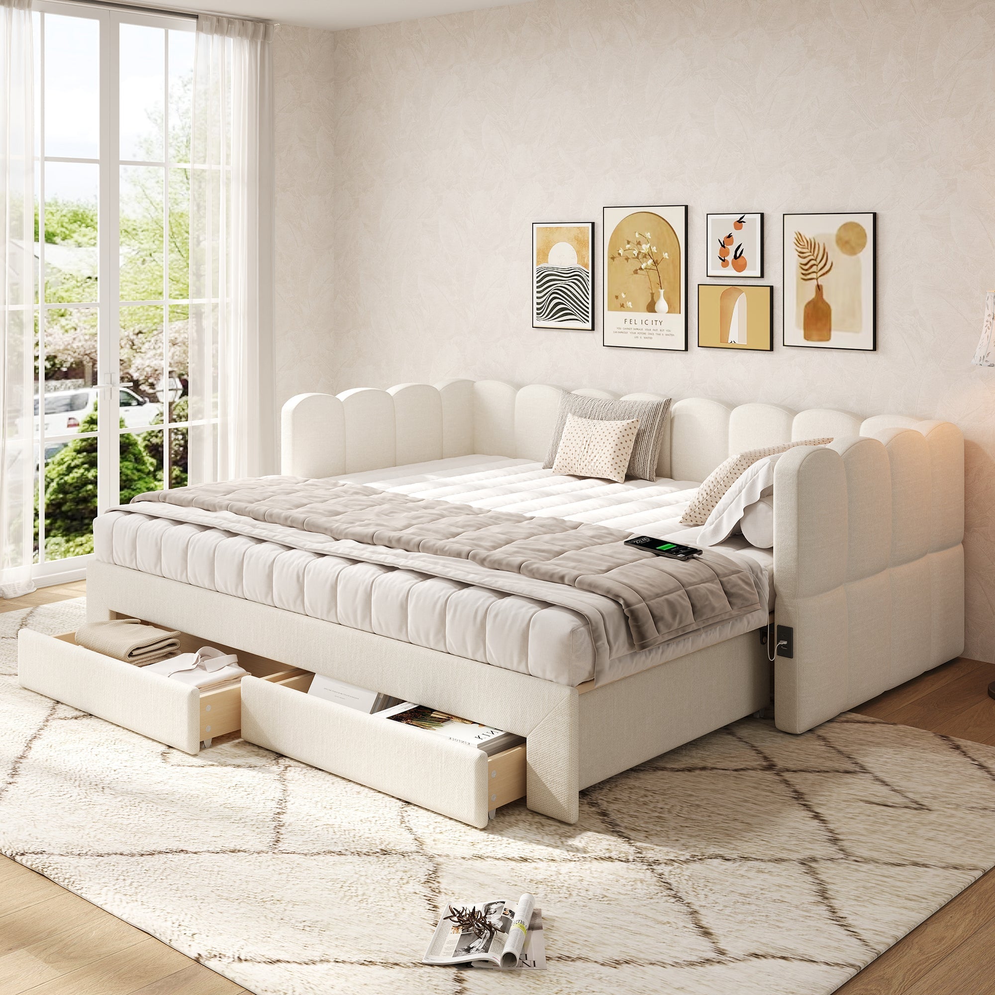 Upholstered Daybed with 2 Storage Drawers and USB Port, Beige Linen