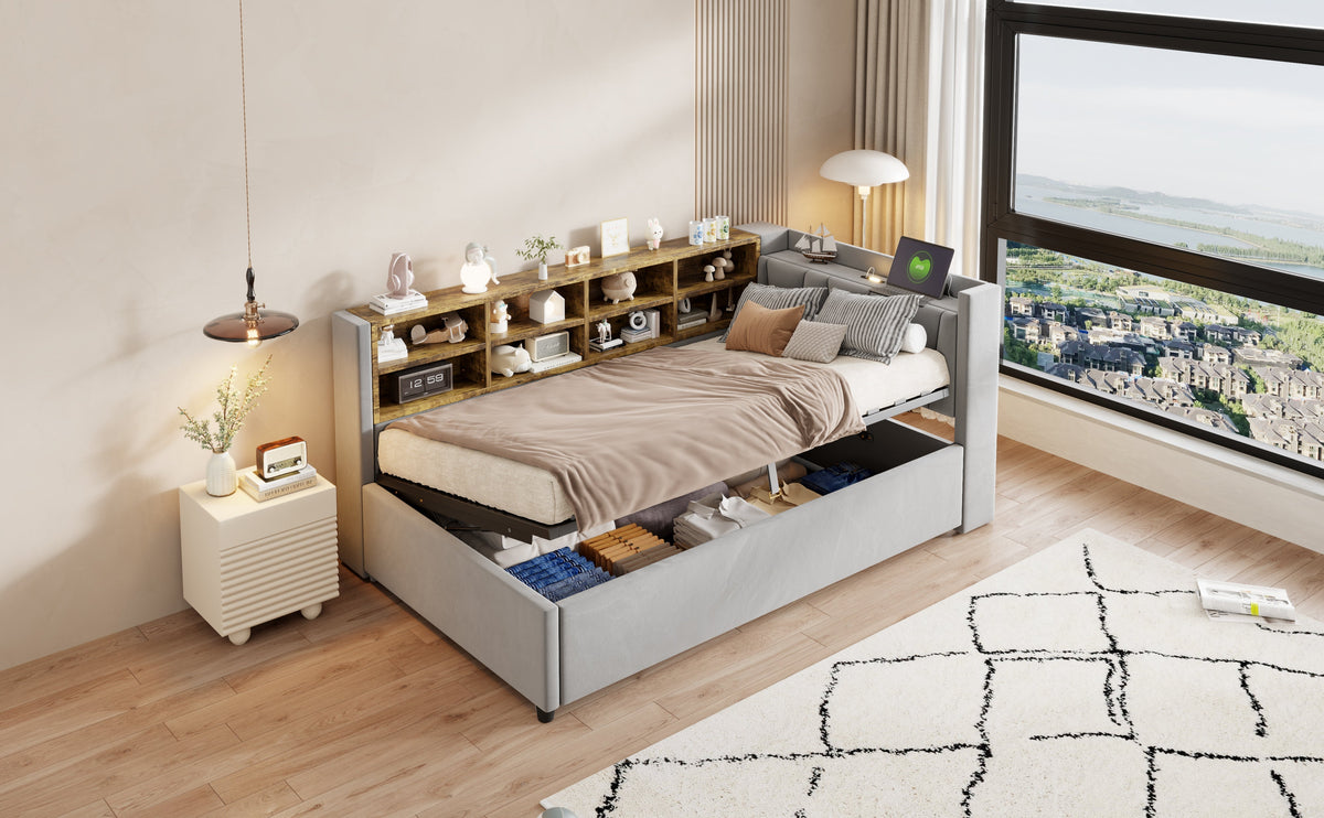 Upholstered Bed/Sofa Bed 90x200cm Hydraulic Storage USB/Type-C Charging Velvet Light Grey