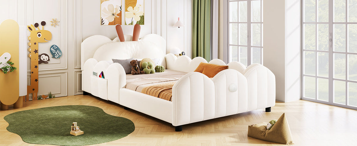Upholstered Platform Bed with Rabbit-Shaped Cushions, 90x200cm, Beige