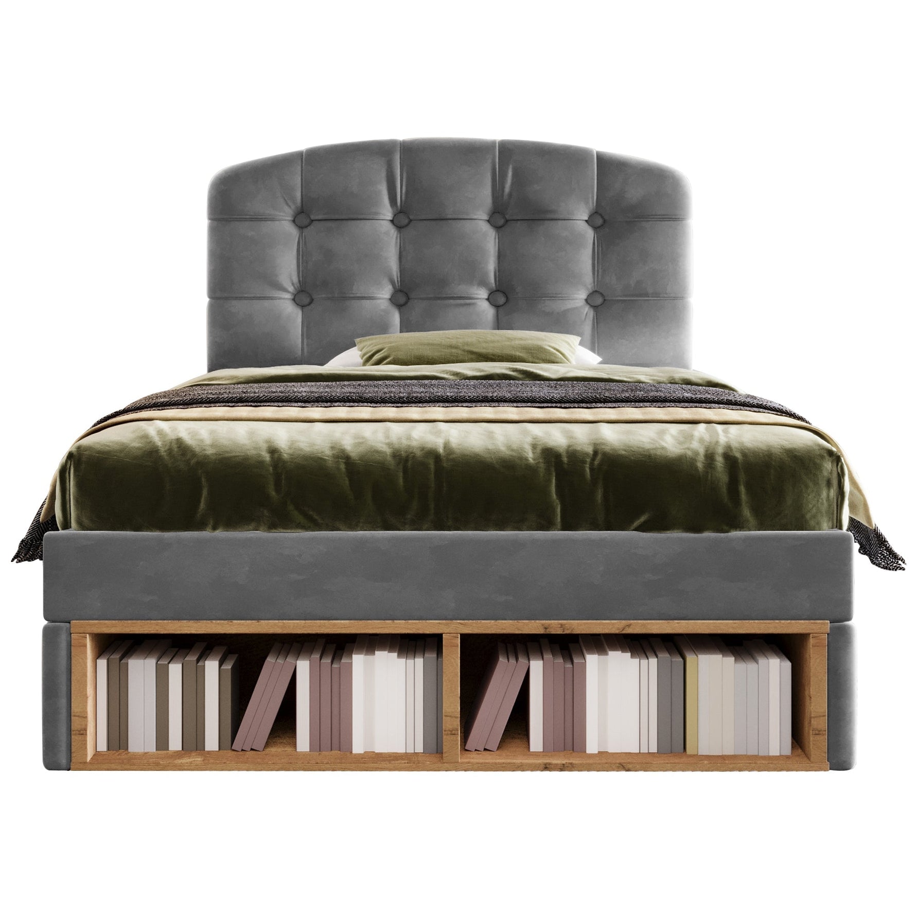 Upholstered Single Bed with Adjustable Headboard, Drawers and Storage, 90x200cm, Grey Velvet