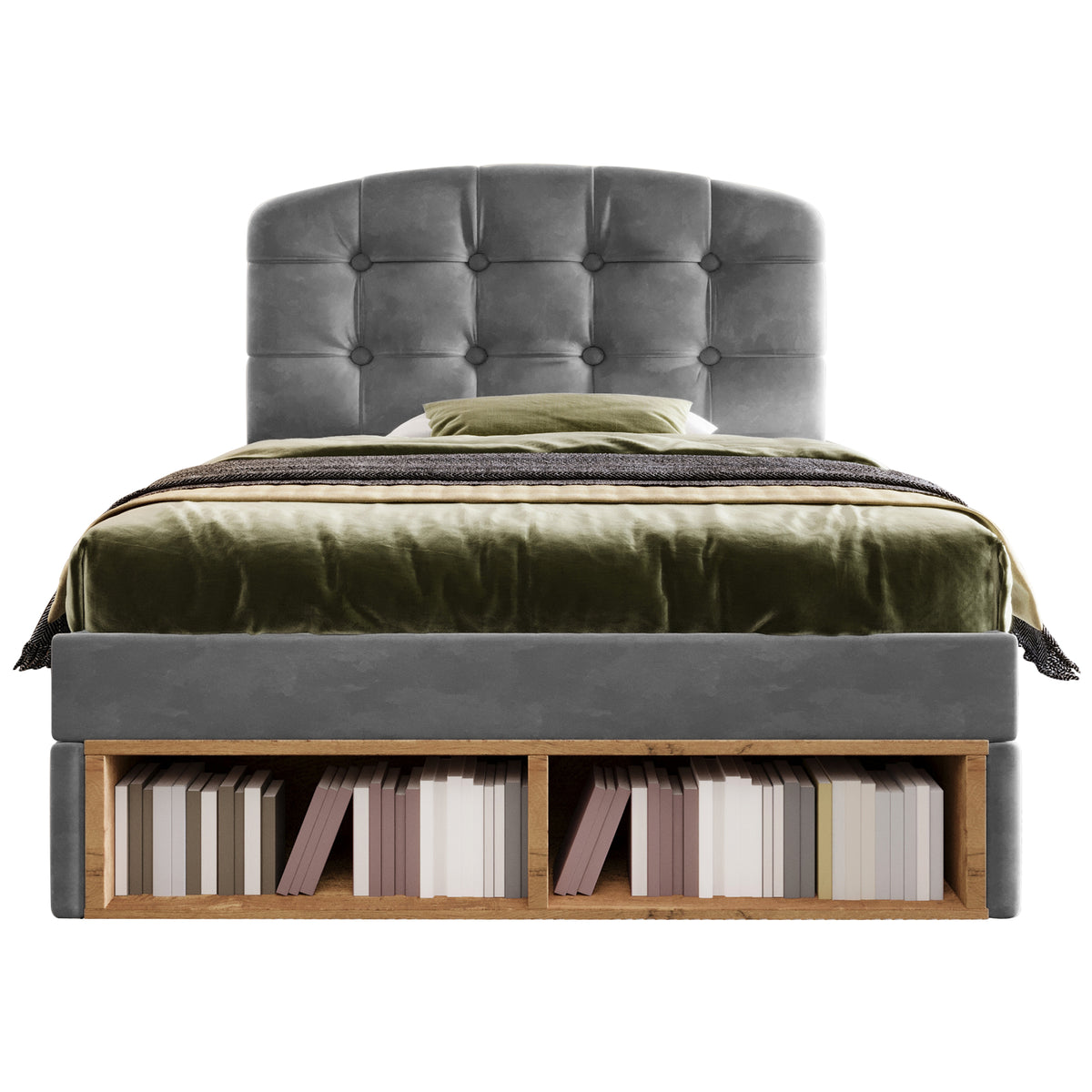Single Upholstered Bed 90x200 with Drawers, Grey Velvet