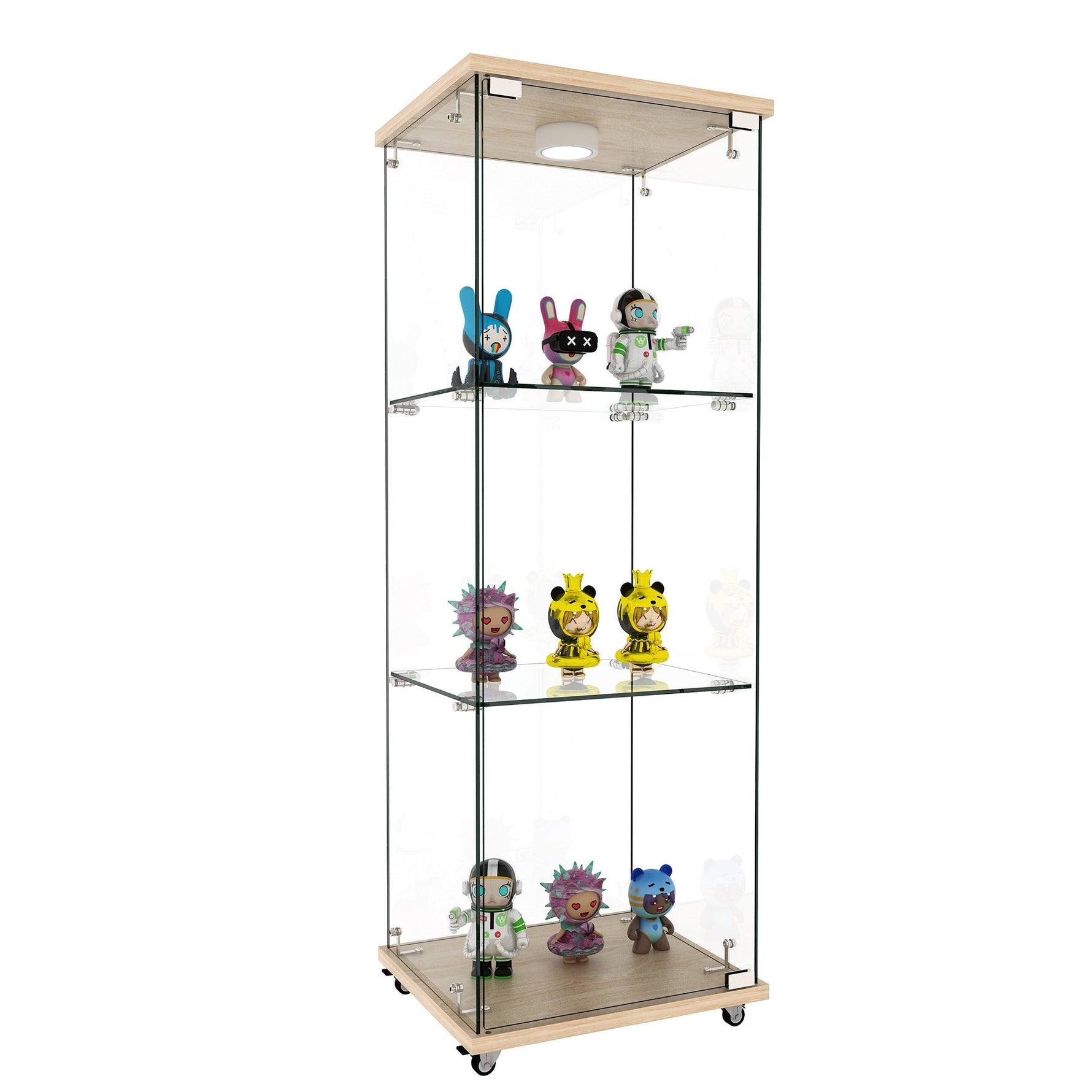 Display Cabinet Modern LED Tempered Glass Single Door 3-Tier - Natural Wood Look