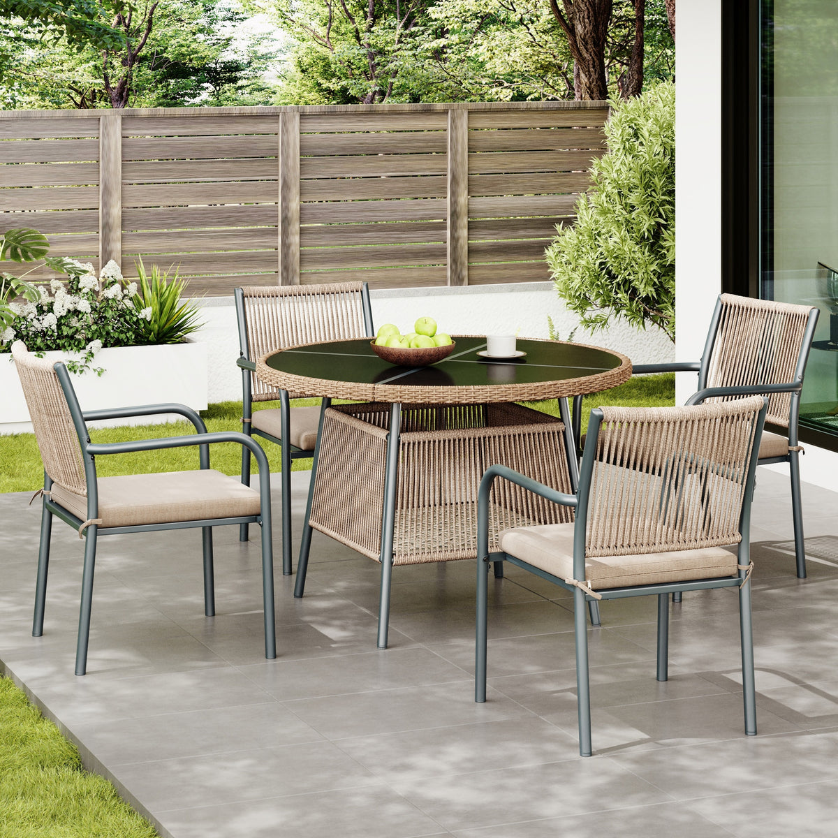Modern Garden Furniture Set with Round Table & 4 Chairs, Rattan