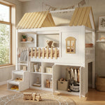 Bunk Bed with Wardrobe & Shoe Rack 90x200cm, White & Natural Pine