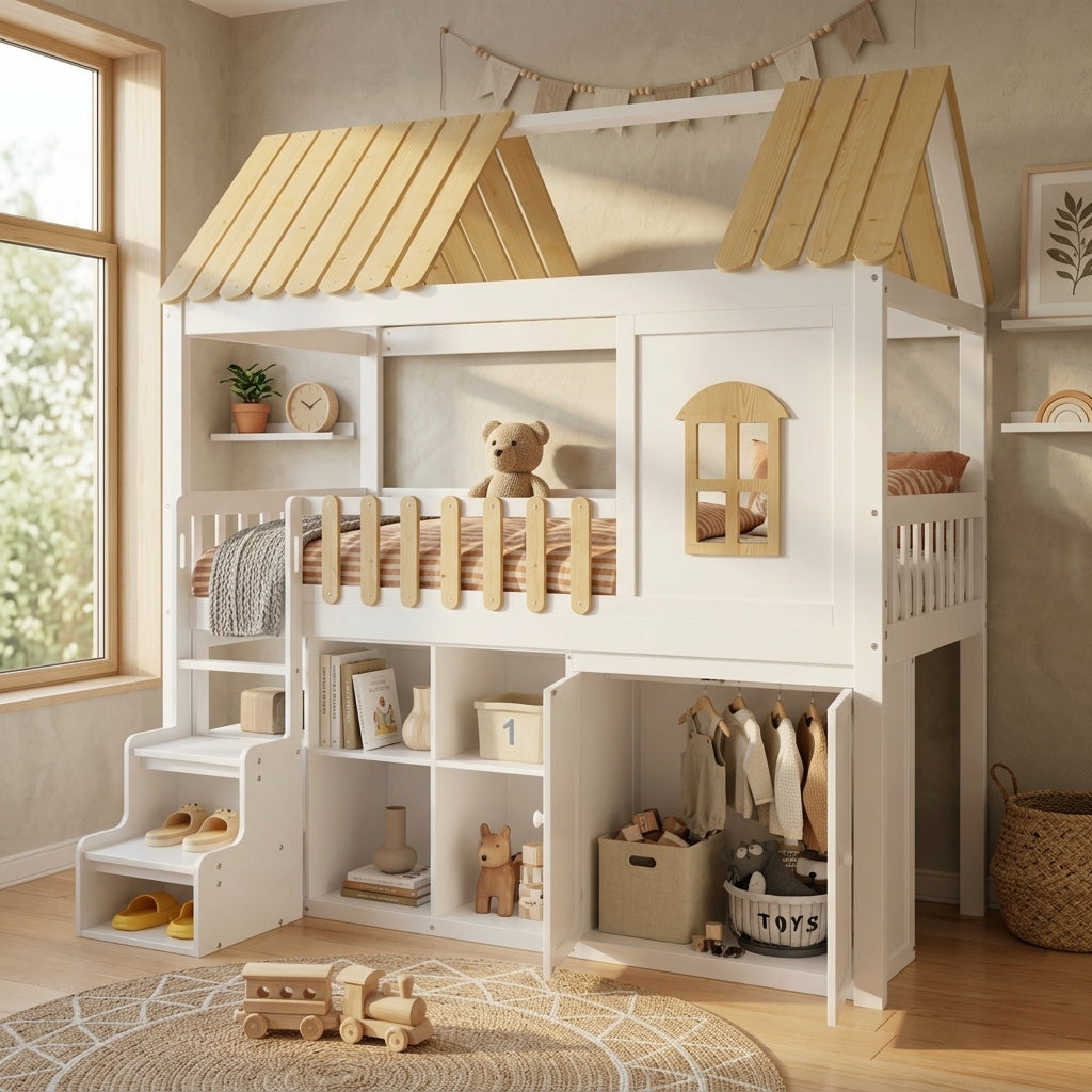 Bunk Bed with Wardrobe & Shoe Rack 90x200cm, White & Natural Pine