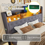 LED Upholstered Bed, 160x200cm, USB Charging, Hydraulic Storage, Linen Fabric, Grey