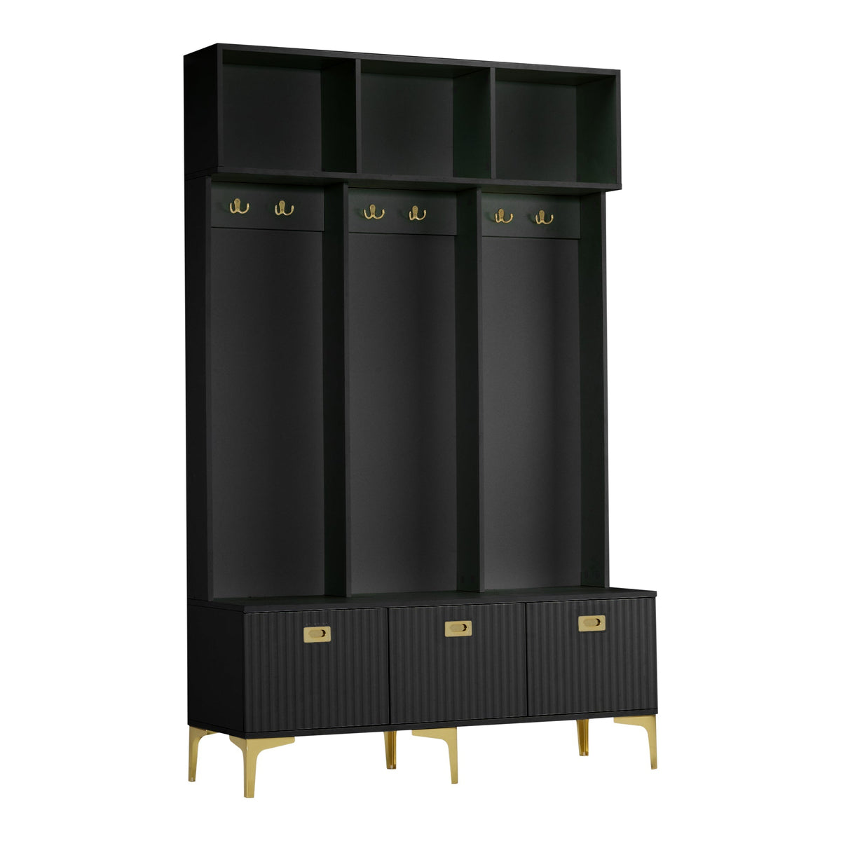 Wardrobe Set with Bench, Multifunctional Storage, Open Storage, 6 Golden Hooks, Black