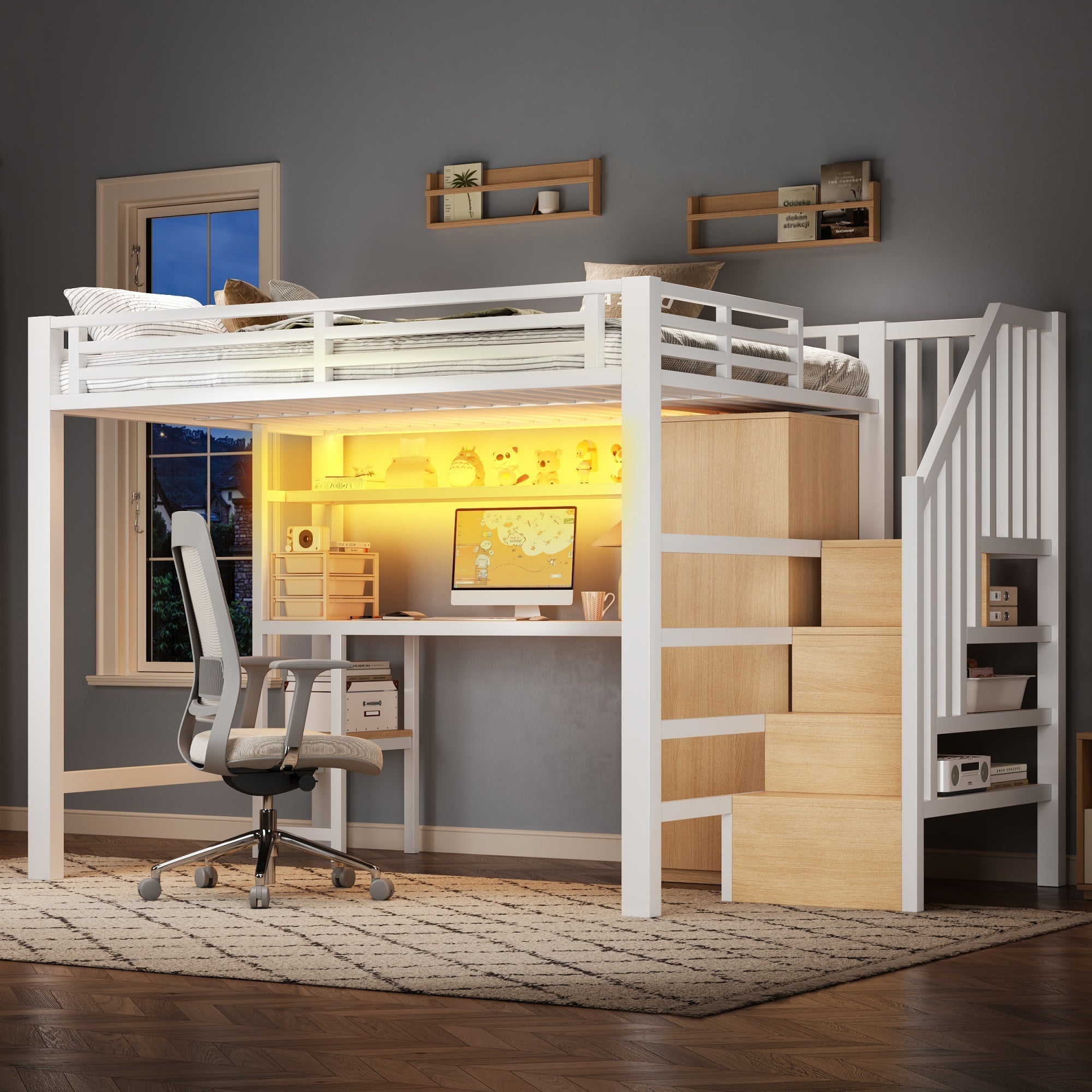 Metal Loft Bed with Desk, Shelf, Wardrobe and Storage Stairs, 140x200cm, White