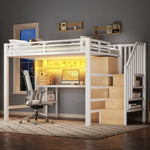 Metal Loft Bed with Desk, Shelf, Wardrobe and Storage Stairs, 140x200cm, White