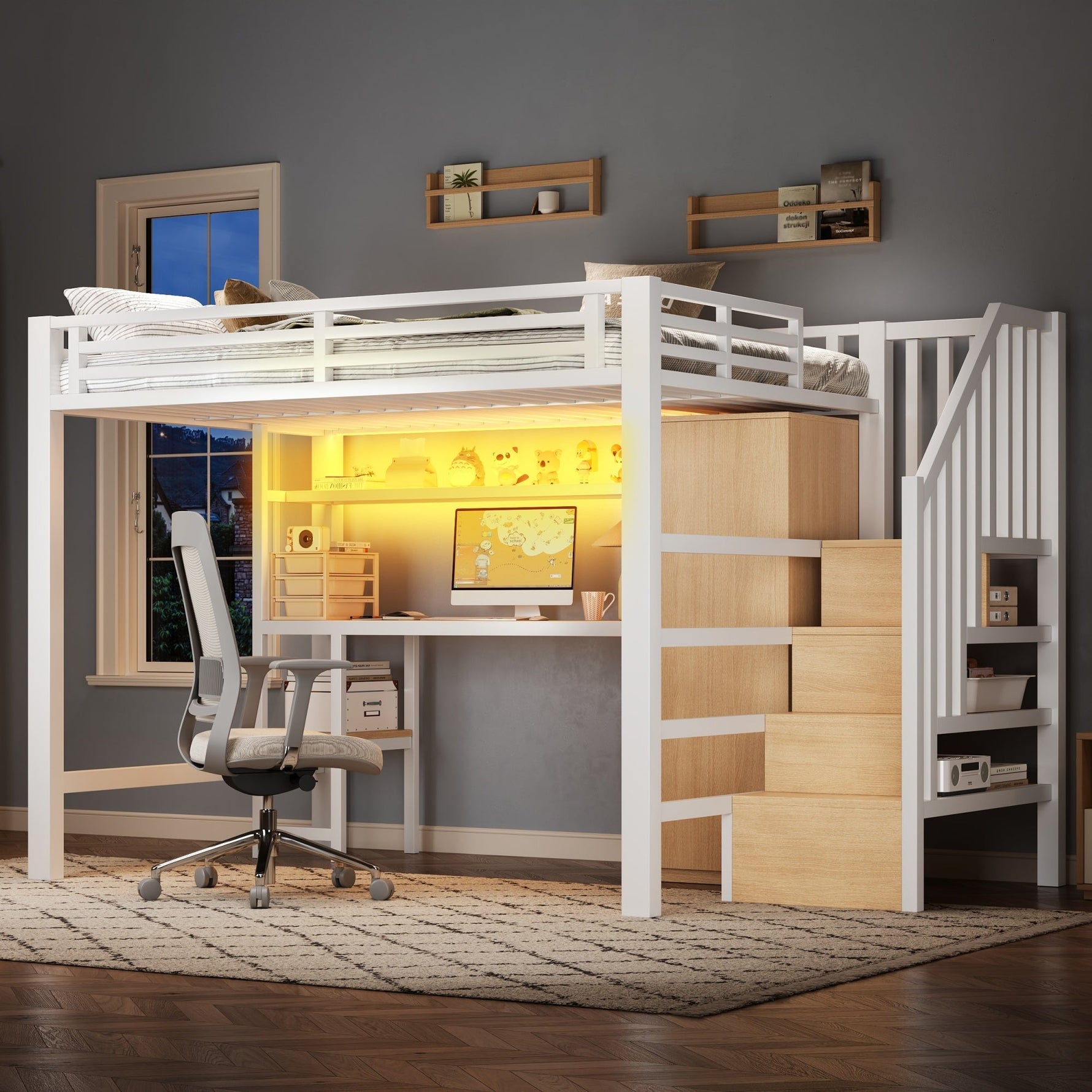 Metal Loft Bed with Desk, Shelf, Wardrobe and Storage Stairs, 140x200cm, White