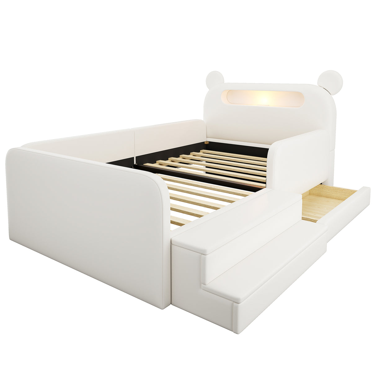 Children's Bear Bed 90x200cm with Storage & Night Light, White