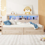 Daybed Sofa Bed 90x200cm Nightstand USB Charging Ambient Lighting 2 Drawers Chipboard Natural