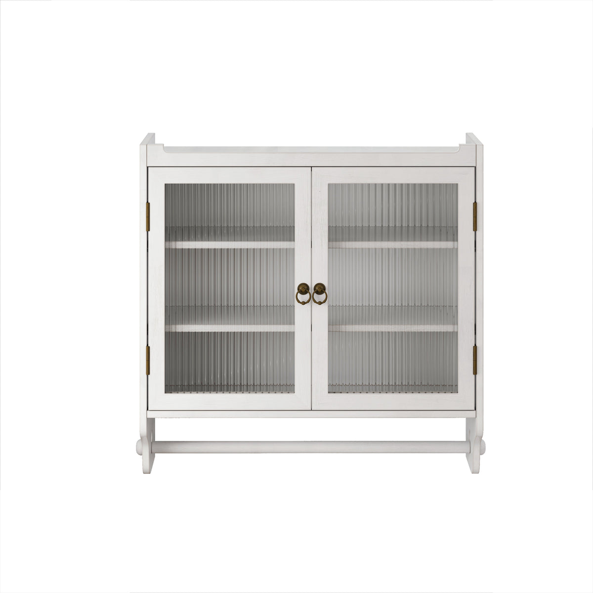 60cm Glass Door Vintage Double Door Wall Cabinet, Three Tiers, Towel Rack, White Washed