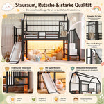 House Loft Bed for Kids with Slide, Storage & LED, Black Metal