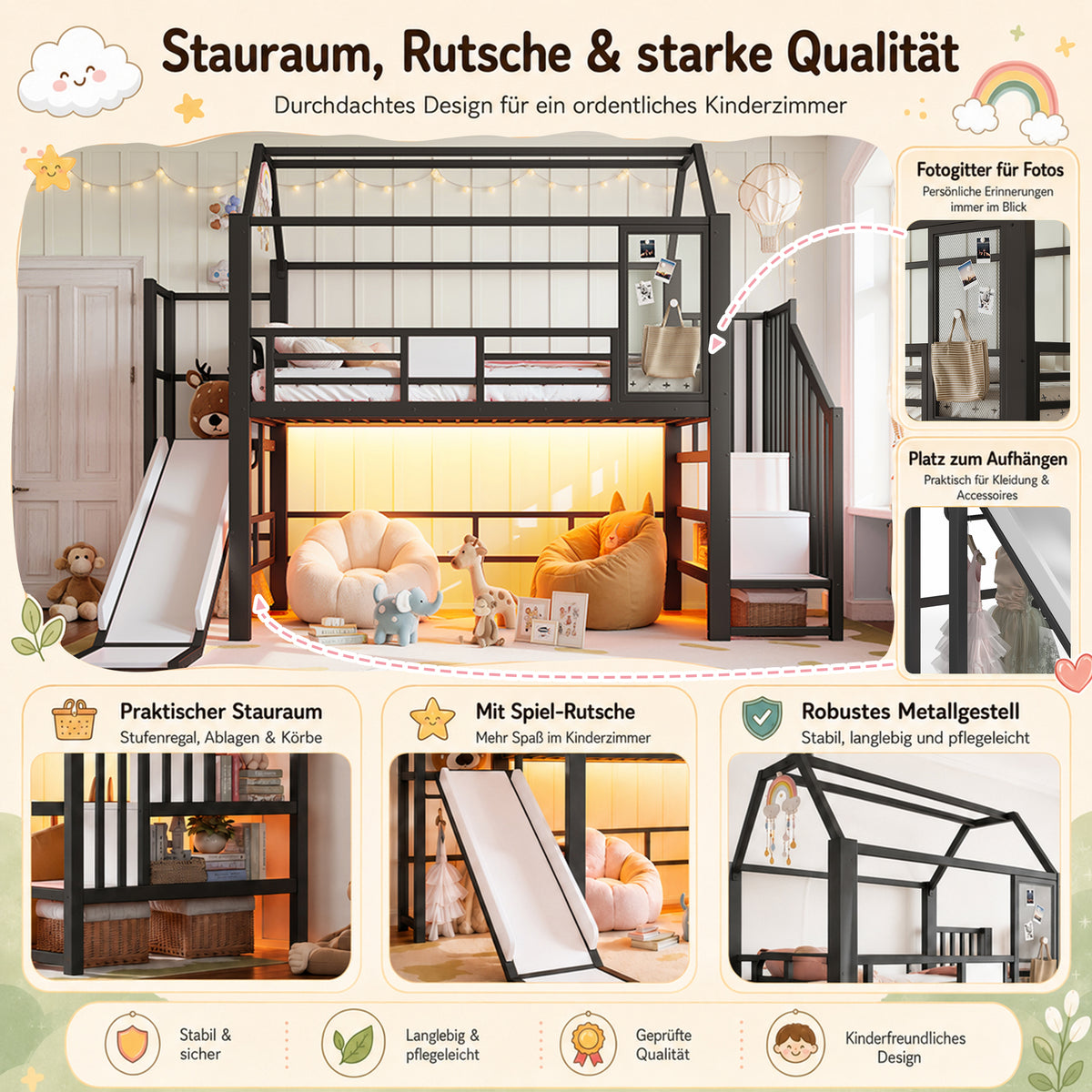 House Loft Bed for Kids with Slide, Storage & LED, Black Metal