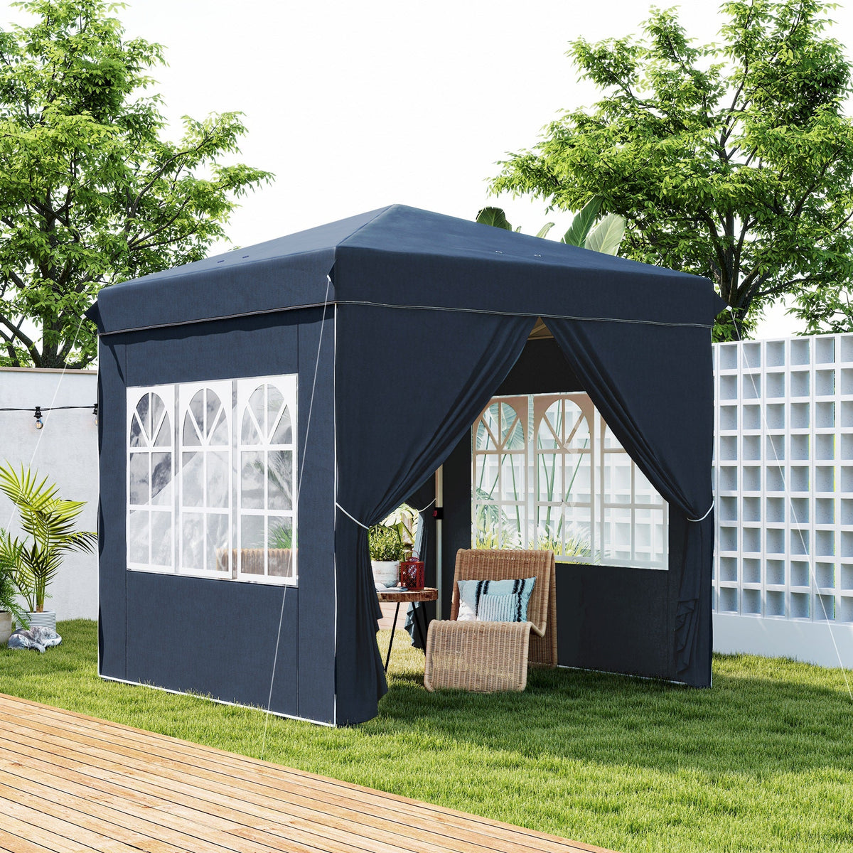 Pavilion Pop-up Folding 2.5x2.5m Water-Repellent UV 50+ with 4 Side Panels, Dark Blue