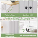 Kitchen Island Cabinet, Fold-Down Worktop Drawers Casters, White