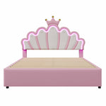 Princess Upholstered Bed 140x200cm Crown Shape LED 2 Drawers - PU Pink