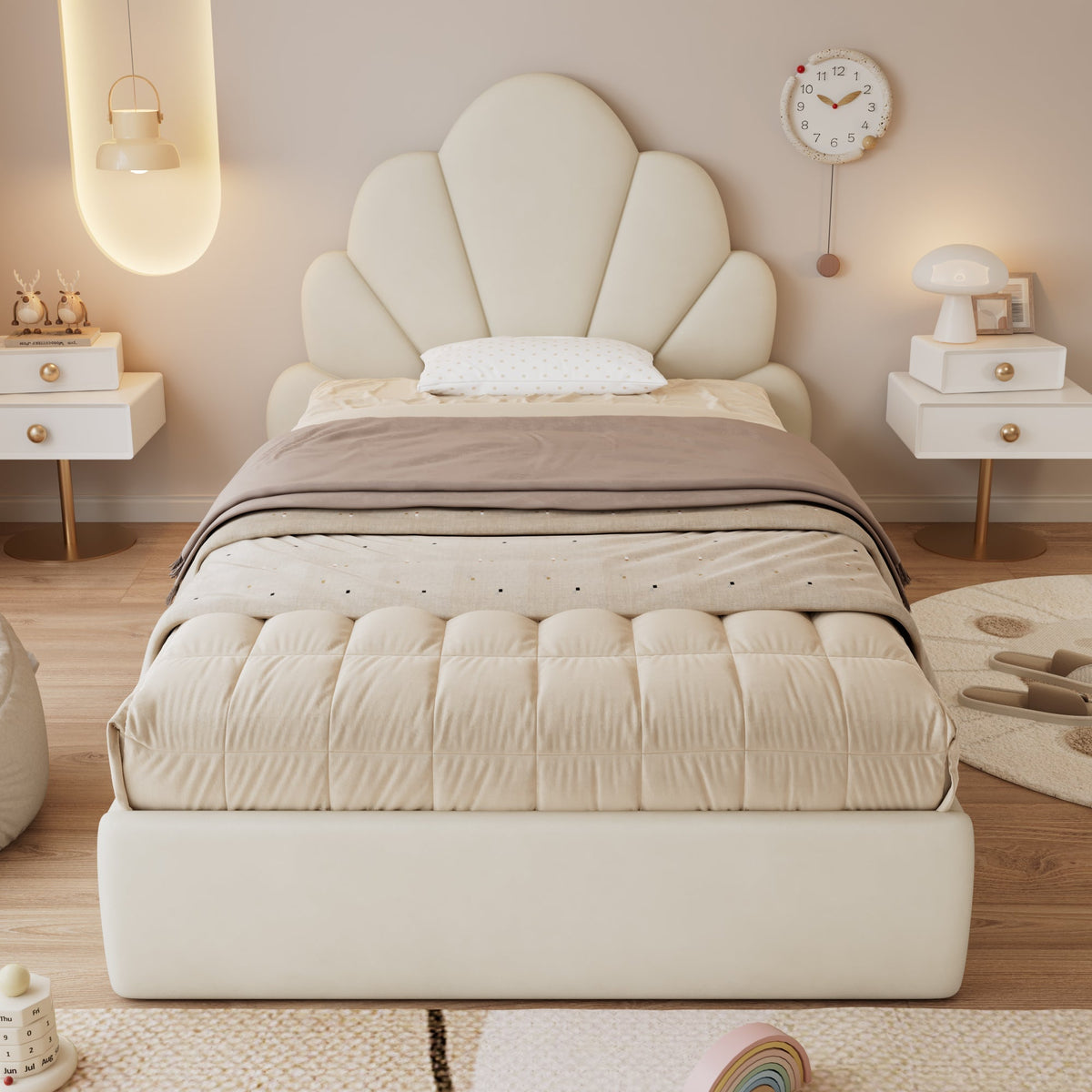 Single Upholstered Bed Curved Petal Headboard 90x200cm, Beige Velvet