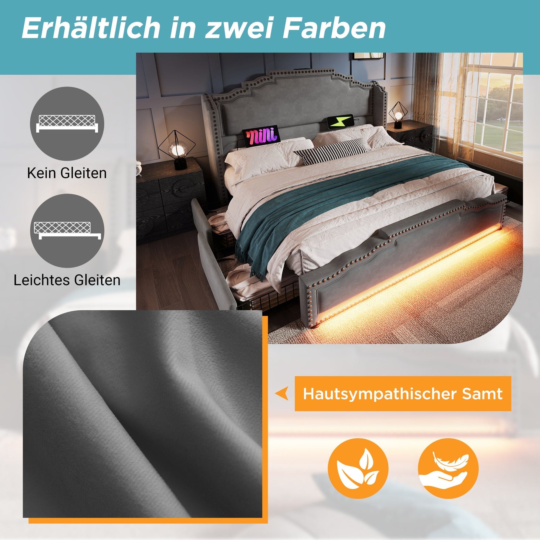 Upholstered Bed 180x200, Double Bed with 4 Drawers, LED and USB-C, Grey Velvet