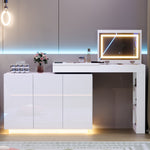 L-Shaped Rotating Vanity Table with LED Lighting, High-Gloss White
