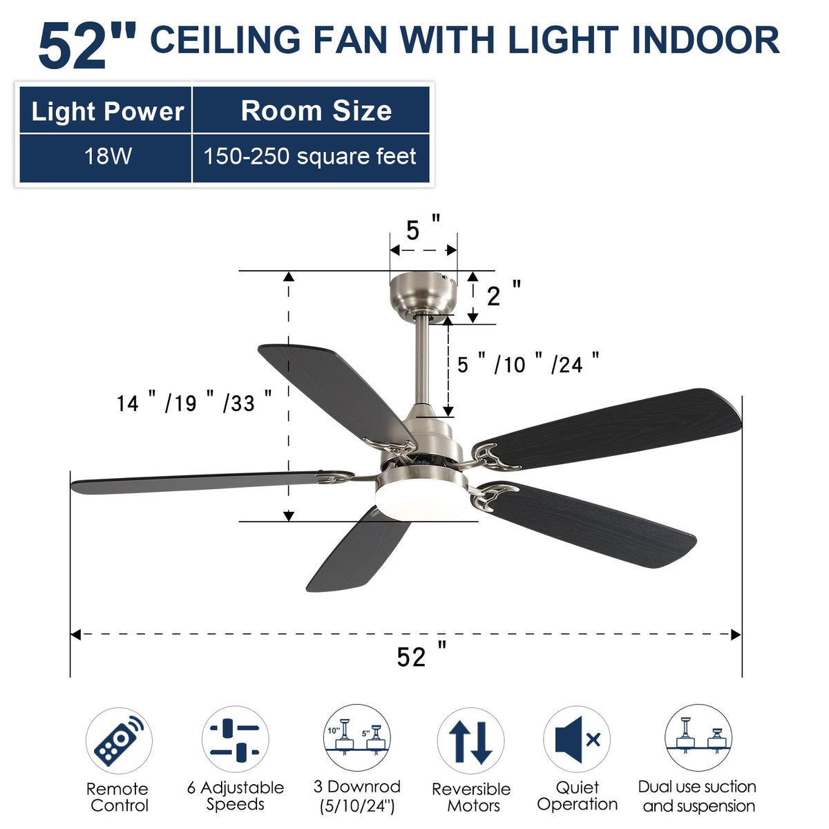 Classic Ceiling Fan, 52-inch LED Light, 6 Speed, 5 Blades, Remote Control, DC Motor