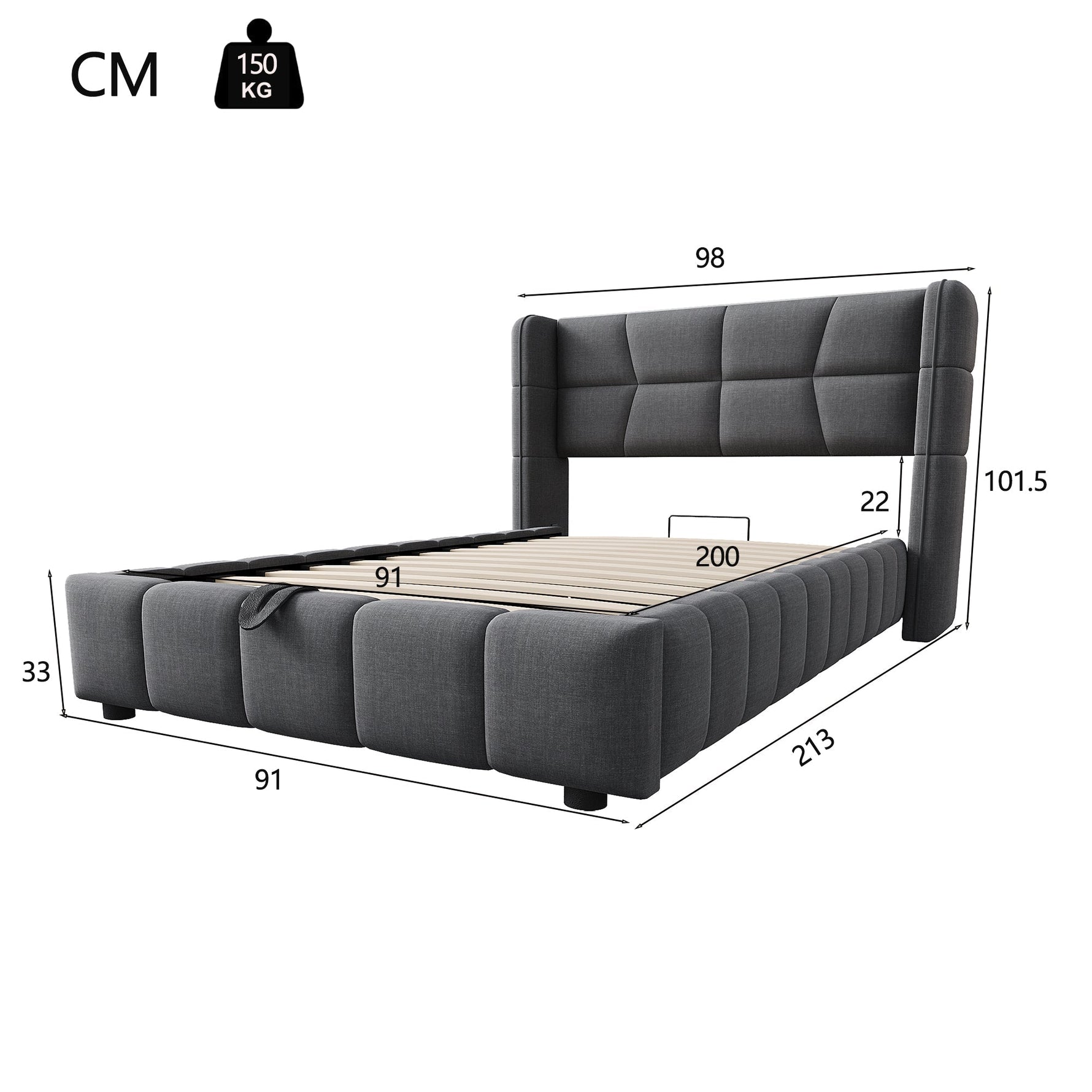 Upholstered Bed 90x200cm Pneumatic Storage Slatted Base - Linen Grey
